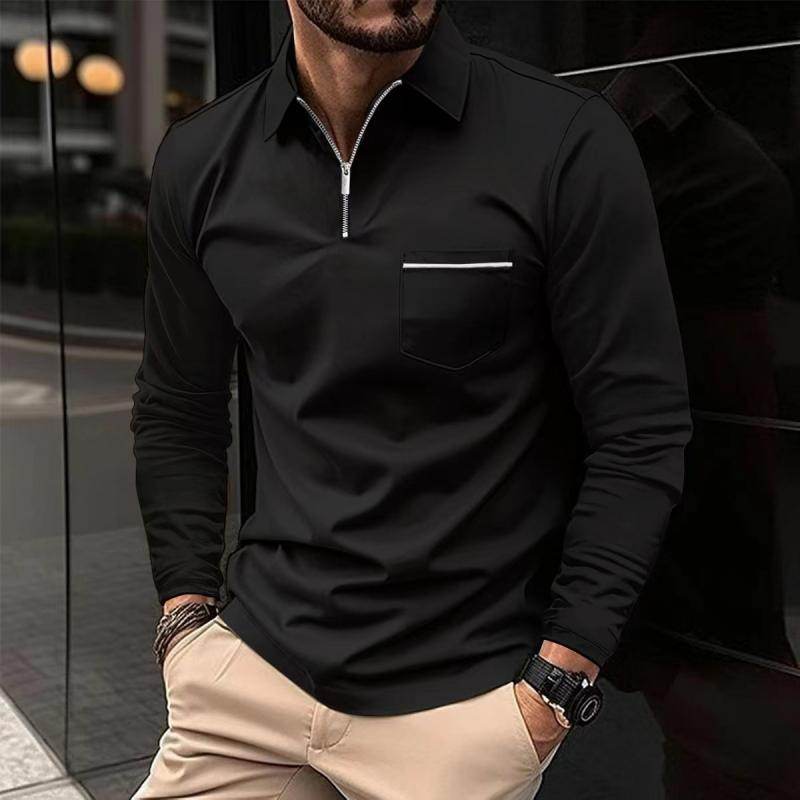 Mens Solid Zipper Lapel Breast Poet Long Sleeve Polo Shirt - AngraBech